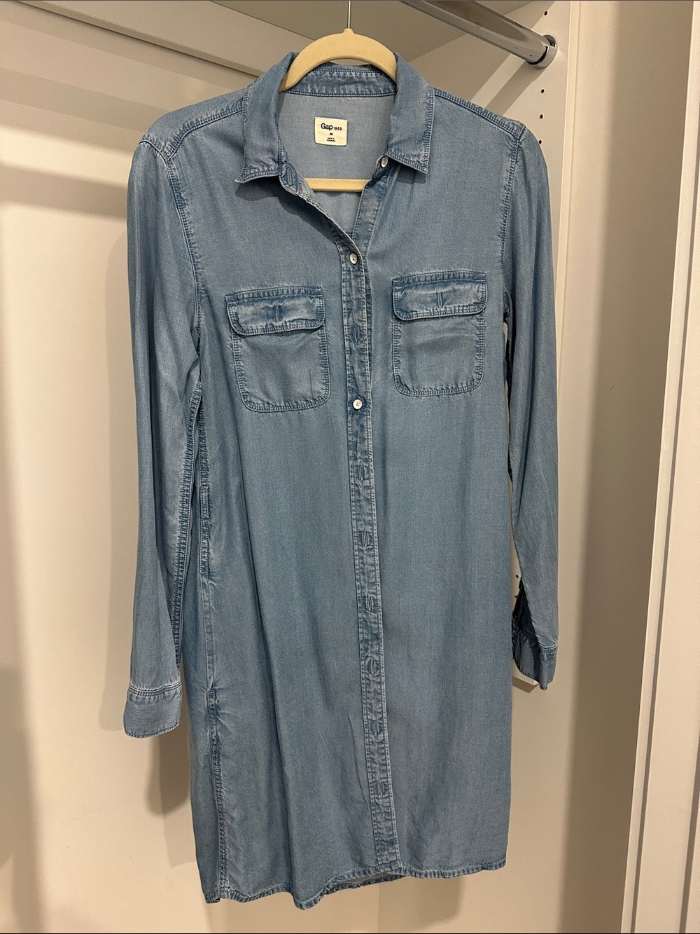 GAP Chambray Button-Front Shirt Dress in Light Blue